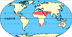 Image of a world map that displays where the hot and dry deserts are located.  Please have someone assist you with this.
