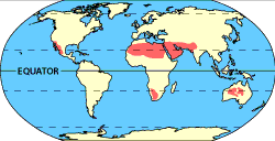 Image of a world map that displays where the hot and dry deserts are located. Please have someone assist you with this.