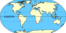 Image of a world map that displays where the coastal deserts are located.  Please have someone assist you with this.