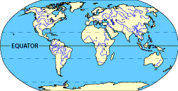 Image of a world map that displays where the fresh water biomes are located.  Please have someone assist you with this.