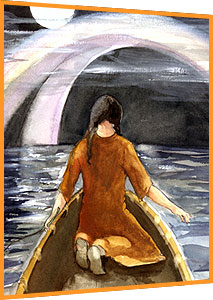 Image of a native american girl sitting in a boat and she is looking at a rainbow.