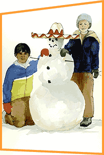 Image of two children standing next to the Sombrero Snowman.