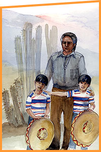 Image of a man standing with two boys who are each holding a sombrero.