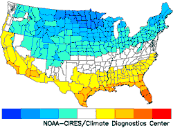 Image of a map that displays the three major climate zones in the United States.  Please have someone assist you with this.