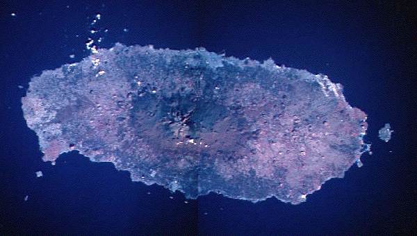 Image of the island of Chejudo that is a composite of two infrared photographs.