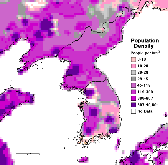 Image of map showing the Population Density of Korea.  Please have someone assist you with this.