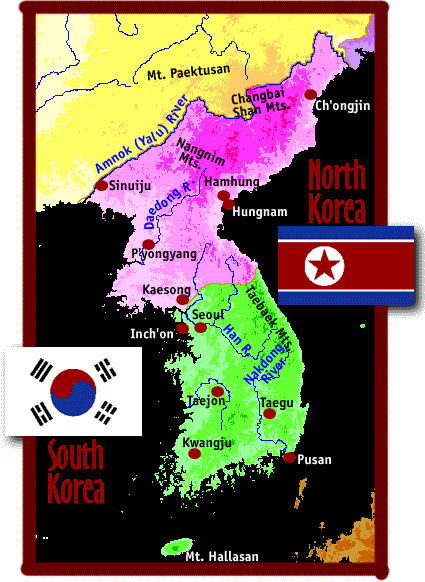 Image of a map showing North Korea and South Korea.  Please have someone assist you with this.