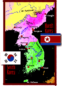 Image of a map showing North Korea and South Korea.  This image links to a more detailed image.