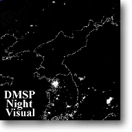Image of the DMSP Night Visual of Korea. This image links to a more detailed image.