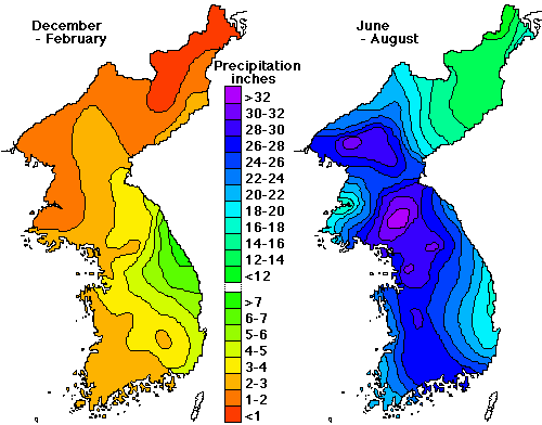 Image of two maps which show the average winter and summer precipitation in Korea.   Please have someone assist you with this.