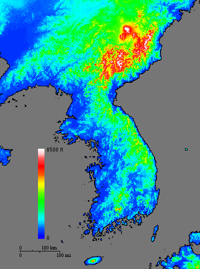 Image of a topographic map of korea.  Please have someone assist you with this.