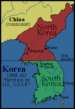 Image of a map showing North Korea and South Korea and where they are divided.  The caption reads: 1945 AD 'Partition by U.S., U.S.S.R.'.  Please have someone assist you with this.