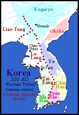 Image of Korea showing the Korean Tribes and the Chinese Sectors in 200 AD.  Please have someone assist you with this.