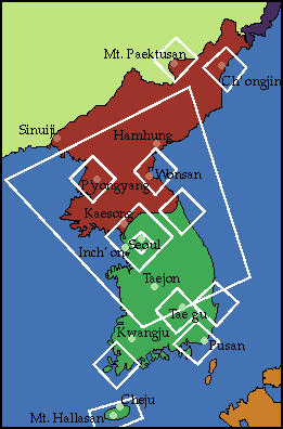 Image showing the outlines of representative Shuttle images of Korea.  Each outlined area links to a more detailed photograph of that given area.