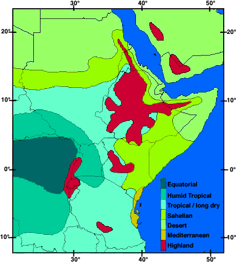 Image of a map that presents climate data for Central and East Africa. Please have someone assist you with this. 