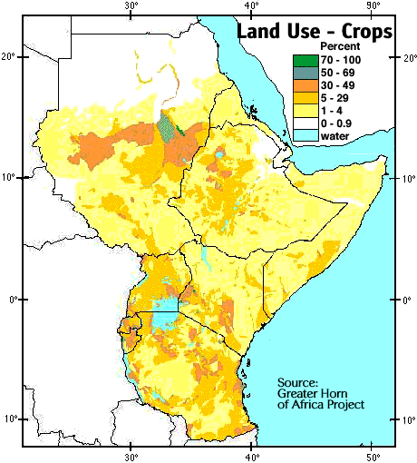 Image of a  map that shows the percentage of land actually used for agriculture.  Please have someone assist you with this.