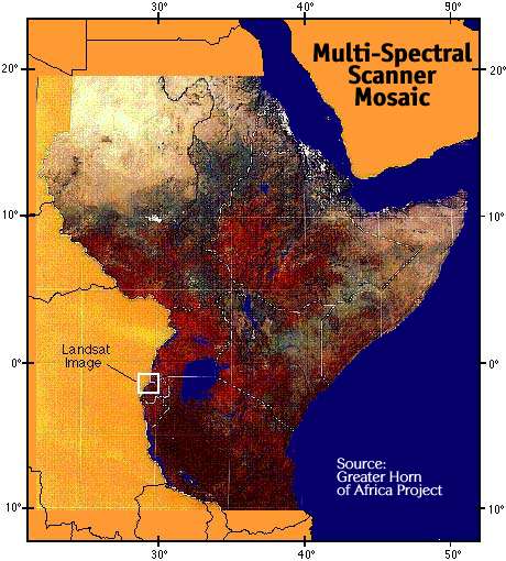 Image of a  map that shows a false-color mosaic of satellite images.  Please have someone assist you with this.