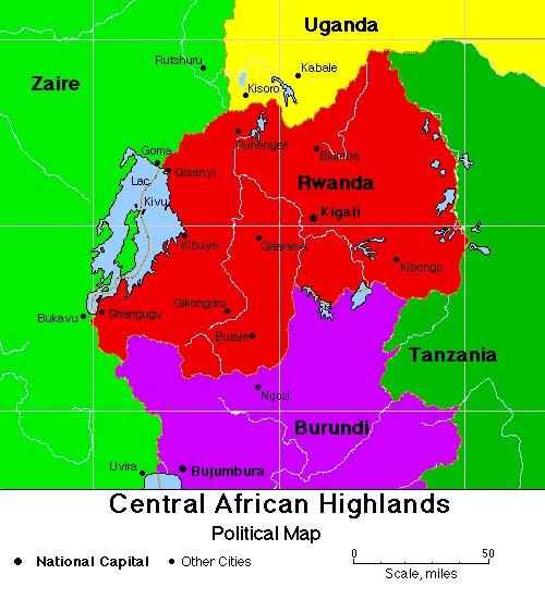Image of a map that shows the national boundaries and principal towns in Rwanda and the surrounding countries.  Please have someone assist you with this.