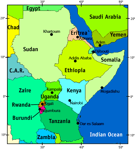 Image of a map that shows national boundaries and capital cities of the nations in Central and East Africa.  Please have someone assist you with this.