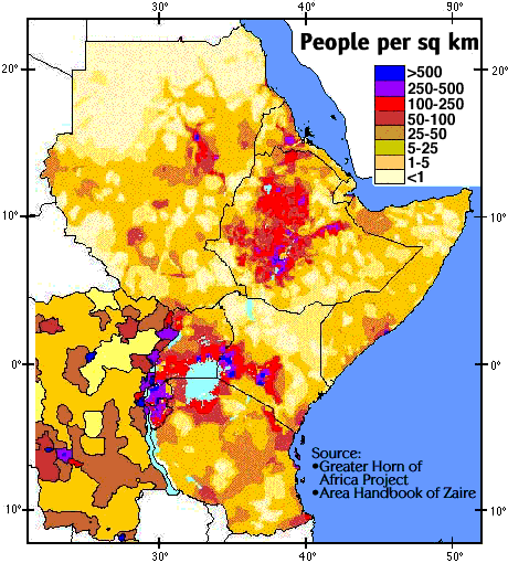 Image of a map that shows population density in East Africa and the Virunga region.  Please have someone assist you with this.