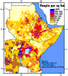 Image of a map that shows population density in East Africa and the Virunga region.  This image links to a more detailed image.