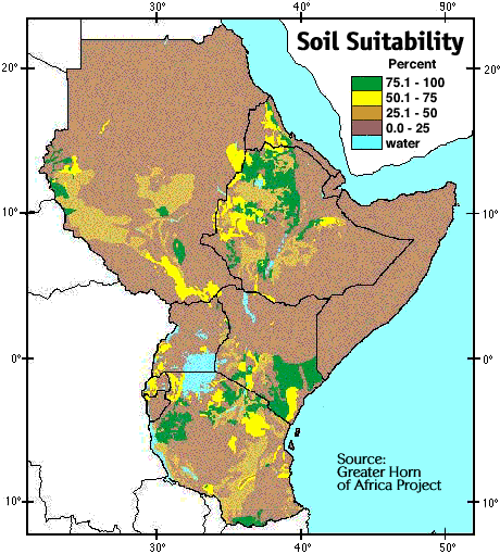 Image of a map that shows the percentage of land that can potentially be used for agriculture assuming rainfall is the only source of water.  Please have someone assist you with this.