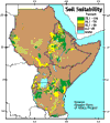 Image of a map that shows the percentage of land that can potentially be used for agriculture assuming rainfall is the only source of water.  This image links to a more detailed image.