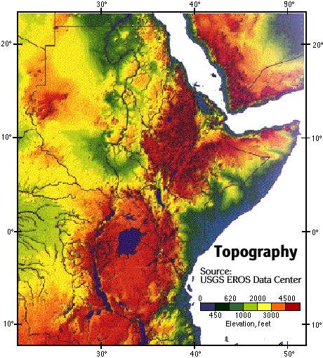 Image of a map that presents elevation data for Central and East Africa.  Please have someone assist you with this.