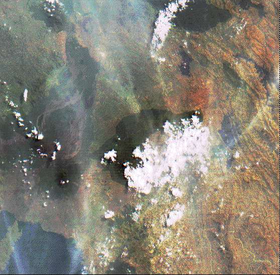 Image showing principal roads, locations of towns, national boundaries, rivers and lakes, and the names of the volcanoes in the Virunga range.  This image shows what was created from spectral bands recorded by a Landsat Thematic Mapper (TM).  Please have someone assist you with this. 