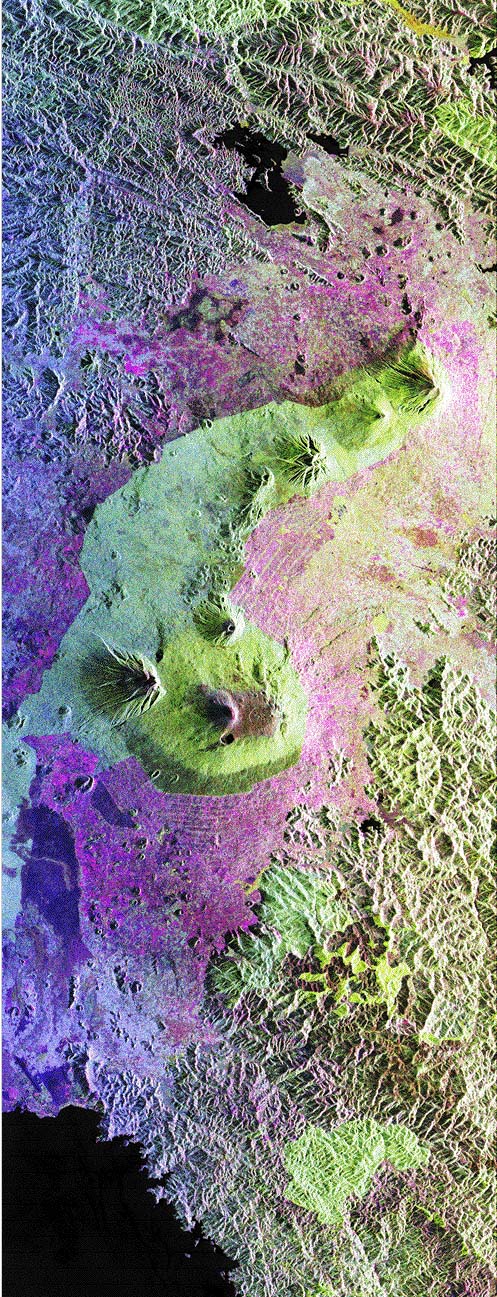 Image taken by NASA using the SIR-C/X-SAR system aboard the Space Shuttle. It is a false color image made from three radar bands.  Please have someone assist you with this.