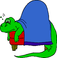 Image of a sick dinosaur laying in a bed.
