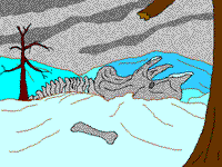 Image of a dinosaur skeleton after a giant asteroid hit Earth.