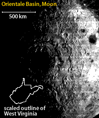 Image showing the Orientale Basin of the Moon and the scaled outline of West Virginia.