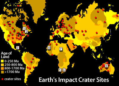 Image of a map that displays the Earth's impact crater sites. Please have someone assist you with this.