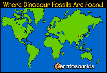 Image of a map that displays where ceratosaurid dinosaur fossils are found.  Please have someone assist you with this.