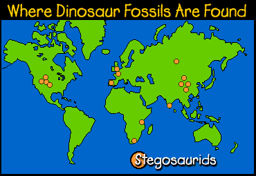 Image of a map that displays where Stegosaurid dinosaur fossils are found.  Please have someone assist you with this.