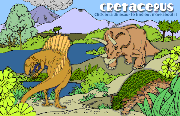 Image of three different dinosaurs in a wild habitat and a caption that reads: Cretaceous --  Click on a dinosaur to find out more about it.    Please have someone assist you with this.