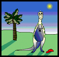 Animation showing a dinosaur standing next to a palm tree and then it begins to snow.