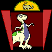 Image of a dinosaur getting off the elevator on the Dinosaur Floor.