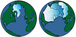 Image showing the Earth where sheets of ice once covered the Great Lakes area and beyond. It also shows the Earth now where the ice has receeded.  Please have someone assist you with this.