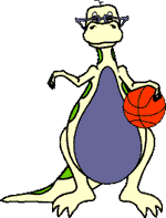 Image of a dinosaur with a basketball.