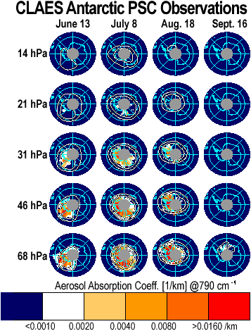 Image that shows the CLAES Antartctic PSC Observations.  Please have someone assist you with this.