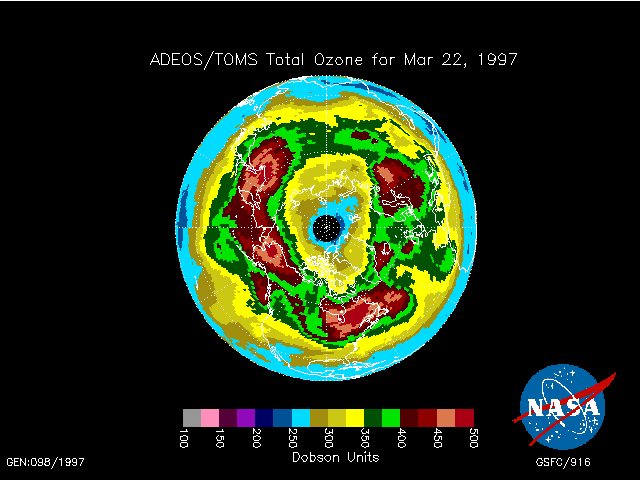 Image of ADEOS/TOMS Total Ozone for March 22, 1997.  Please have someone assist you with this.