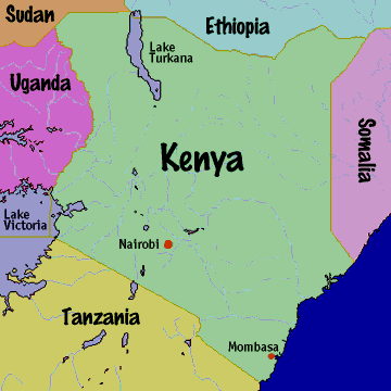 Image of Kenya and and it's surrounding countries.  Please have someone assist you with this.