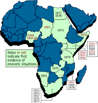 Image that shows the continent of Africa and the dates of reported epizootic outbreaks.  This image links to a more detailed image.
