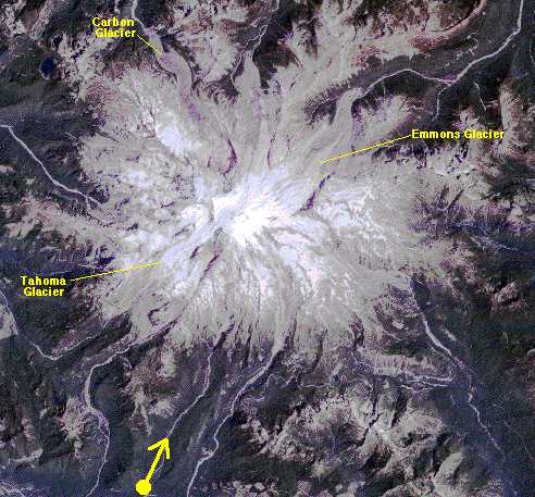 Image of an enlargement of Mount Rainier seen in aerial photograph.  Please have someone assist you with this.
