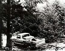 Image of a truck driving through a forest.