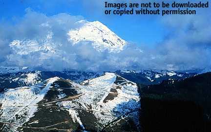 Image of an aerial photograp showing a ridge just outside Mount Rainier National Park.  This image links to an enlargement of area on boundary of the Mount Rainier National Park seen in aerial photograph.