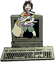 Image of a computer and a girl holding a lot of books is on the screen.
