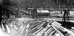 Image of showing the intake to the saw mill at Ocean Falls Pulp and Paper Mill.  This image links to a more detailed image.